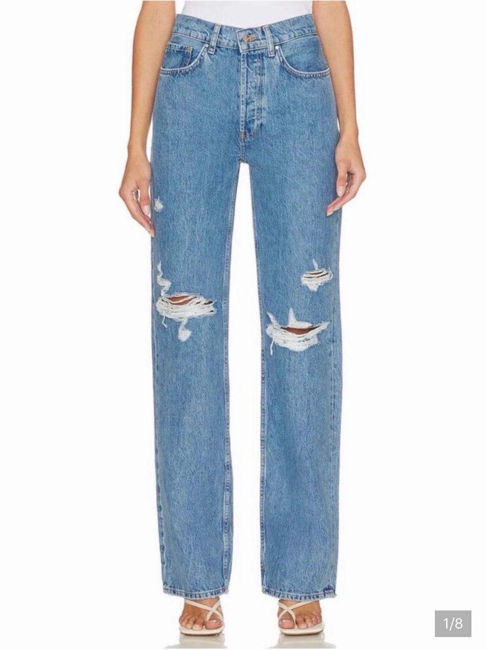 Anine Bing Light Blue Distressed Straight Leg Jeans